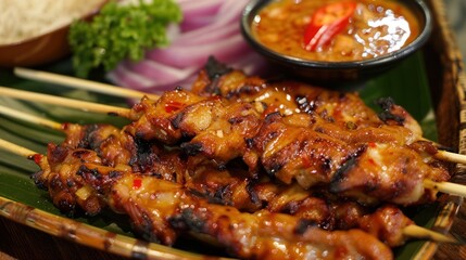 Fototapeta premium Grilled Chicken Skewers with Sweet Sauce and Red Chili