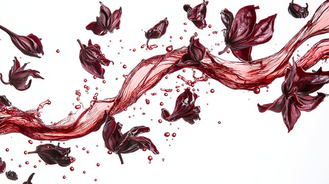 Roselle buds with roselle tea, against white background