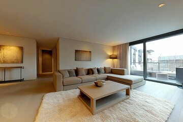 Fototapeta premium Modern Living Room with Large Windows and a Cozy Atmosphere