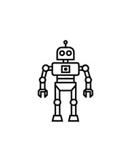 Editable stroke vector of a futuristic robot with a rectangular body, round head, antenna, and articulated limbs.