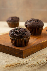 chocolate cupcake on a wooden tray