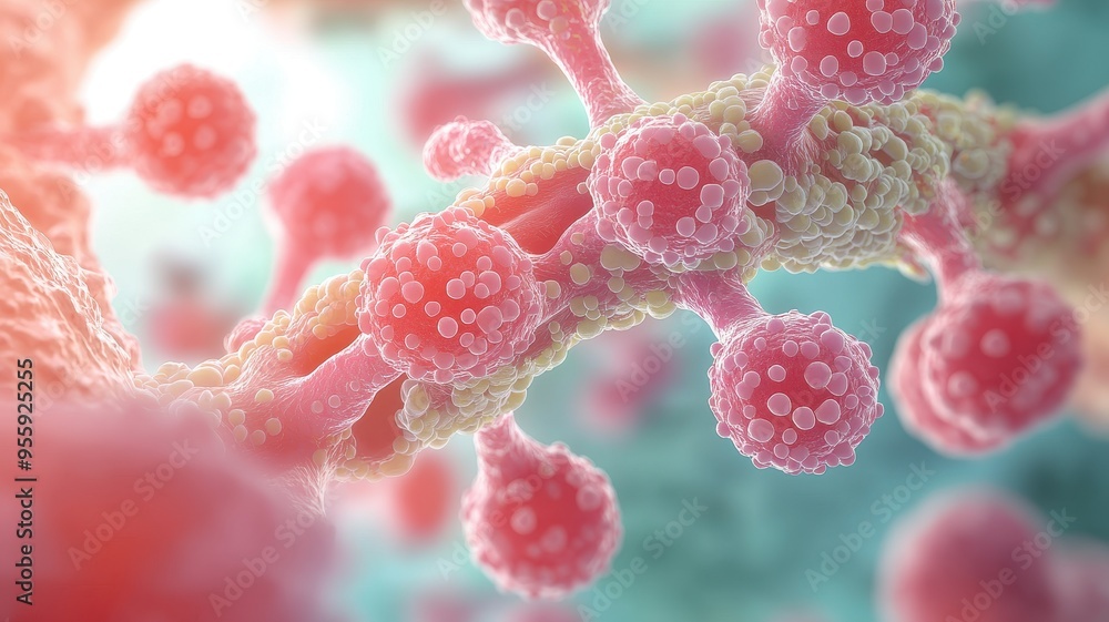 Poster a detailed close-up of virus particles showcasing intricate structures and vibrant colors, illustrat