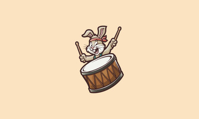 Happy rabbit playing a drum with enthusiasm and joy.