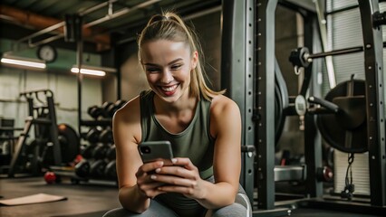 Fototapeta premium Smiling Woman Using Smartphone at the Gym.