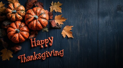 Happy Thanksgiving text with pumpkins and autumn leaves. Thanksgiving background