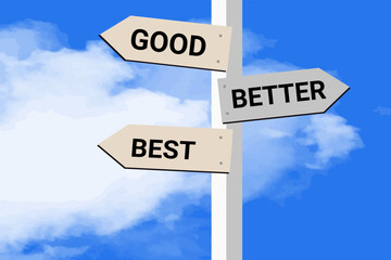 Good, better, best with three arrows, a wooden signpost sky with clouds.