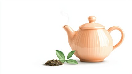 A serene teapot with steam, surrounded by fragrant herbs and leaves, perfect for tea lovers and culinary elegance.