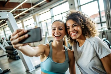 Happy Women Taking Selfie in Gym.