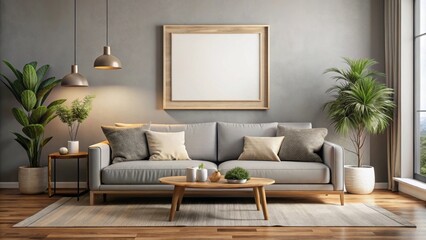 Cozy modern living room with stylish sofa and mockup frame , interior design, contemporary, comfortable, home decor