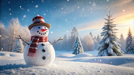 Obraz premium Snowman standing in a snowy landscape , winter, holiday, Christmas, cold, frosty, whimsical, decoration, seasonal