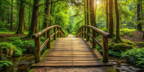 Obraz premium Rustic wooden bridge surrounded by lush forest, evoking natural serenity and tranquility, rustic, wooden, bridge