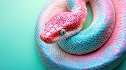 Obraz premium Vibrant Pastel-Colored Snake Coiled on Turquoise Background - Captivating Close-Up