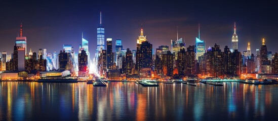 Panoramic night view of the New York skyline with neon-lit skyscrapers and reflections in the water, featuring Manhattan island.