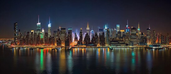 Fototapeta premium Panoramic night view of the New York skyline with neon-lit skyscrapers and reflections in the water, featuring Manhattan island.
