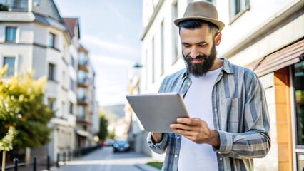 Man using tablet in city.