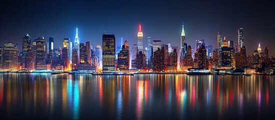 Panoramic night view of the New York skyline with neon-lit skyscrapers and reflections in the water, featuring Manhattan island.