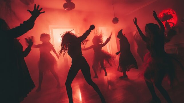 Happy Halloween horror party concept. Scary view of dancing zombies at cemetery with Dj and club lights. Creative artwork decoration. Useful as a party poster or greeting card. Selective focus. High