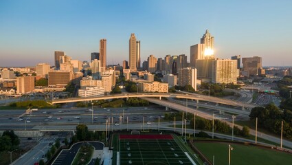 Downtown city skyline of Atlanta and morning rushhour traffic on the freeway at sunrise, Georgia,...
