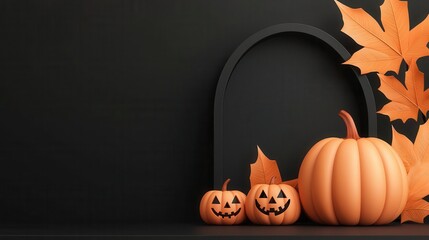 Corporate event stage with Halloween-themed product presentations, 3D illustration