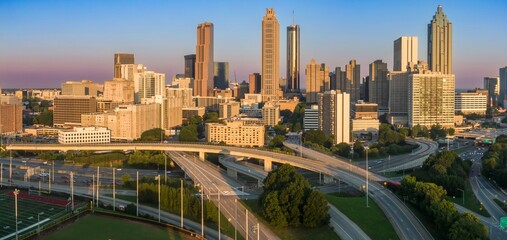 Downtown city skyline of Atlanta and morning rushhour traffic on the freeway at sunrise, Georgia,...