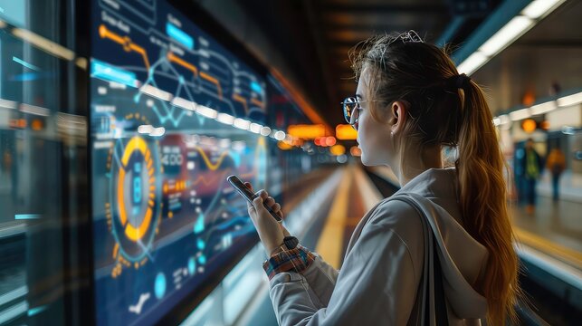 Young woman in glasses looking at her phone standing next to a digital display with a data visualization. - Powered by Adobe