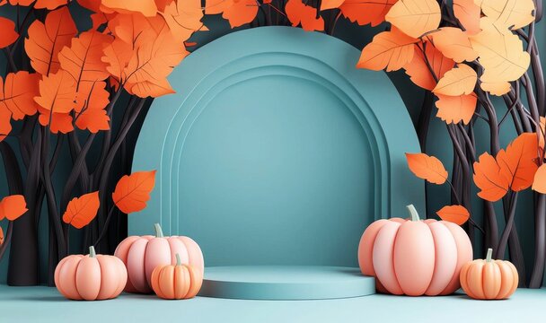 Corporate event with Halloween-inspired product launches, spooky setting, 3D illustration