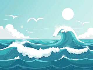 Ocean waves, rolling surf, sunny day, flat design illustration