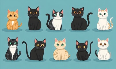 Vibrant Collection of Cartoon Style Domestic Cat Breeds on Baby Blue Background