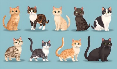 Charming Collection of Cartoon Style Feline Portraits in Pastel Blue Background