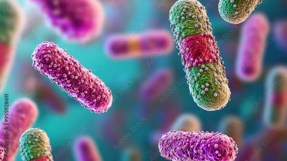 Poster close-up view of colorful bacteria under a microscope, showcasing their intricate structures in a vi