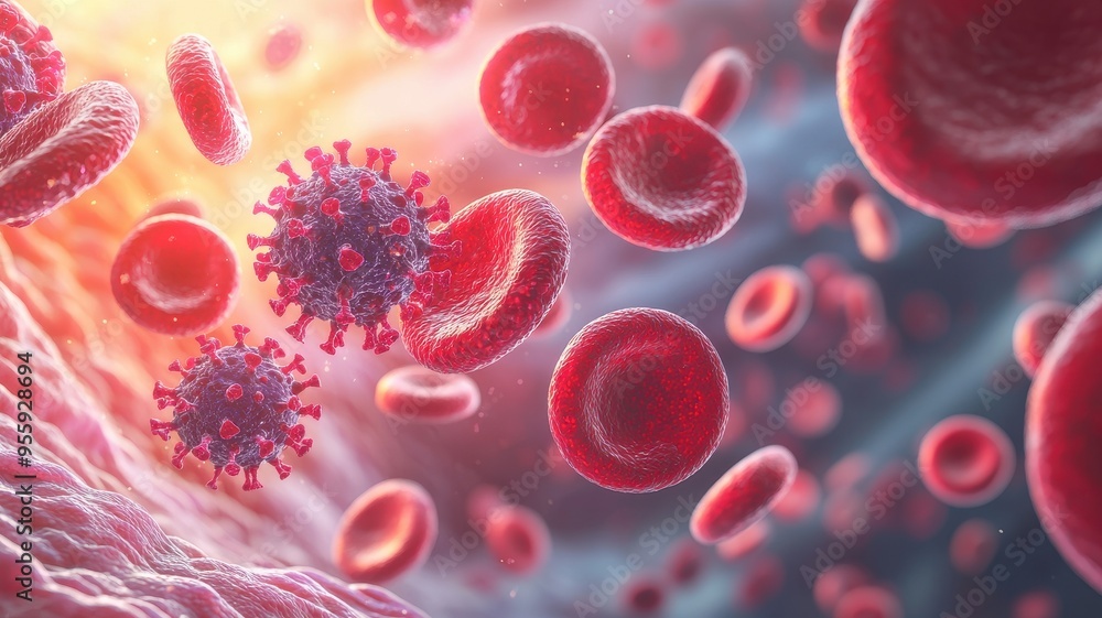 Poster close-up view of red blood cells and virus particles showcasing cellular interactions and health imp