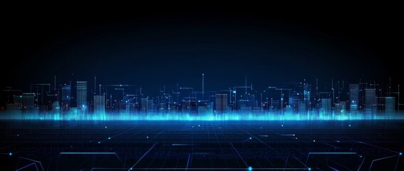 Fototapeta premium Futuristic blue city skyline with glowing digital effects and dark urban landscape, featuring a grid of lines and subtle lights. Ideal for tech, digital, or sci-fi concepts.
