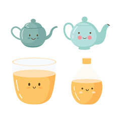 Collection of Cute Drink Glass Teapot Kettle Character with Smile Expression