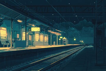 Nighttime train station with warm, gentle illumination and a peaceful, empty platform. Cozy vibe, Generative AI