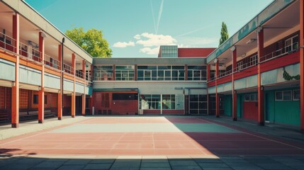 An Empty Schoolyard with a Multicolored Basketball Court