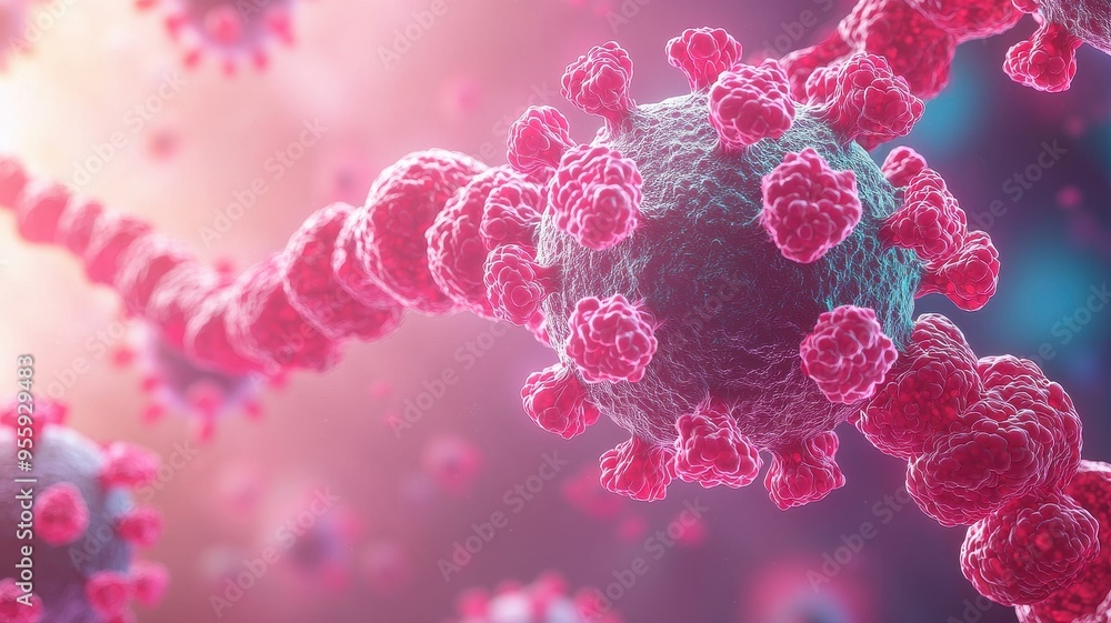 Poster detailed image of virus structure showcasing intricate design and complex features, ideal for educat