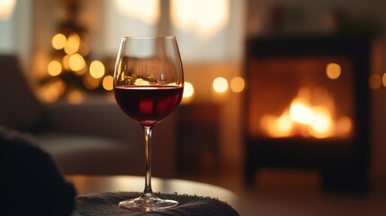 Glass of wine in cozy interior. Wine background