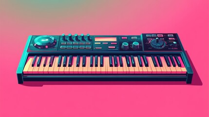 Vibrant Retro Synthesizer on Pink Background - Music Production and Vintage Technology