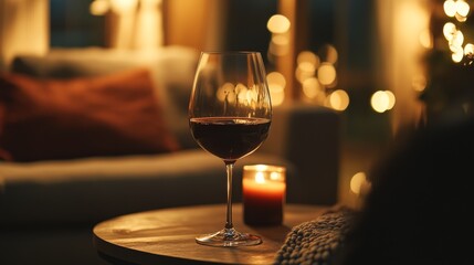 Glass of wine in cozy interior. Wine background