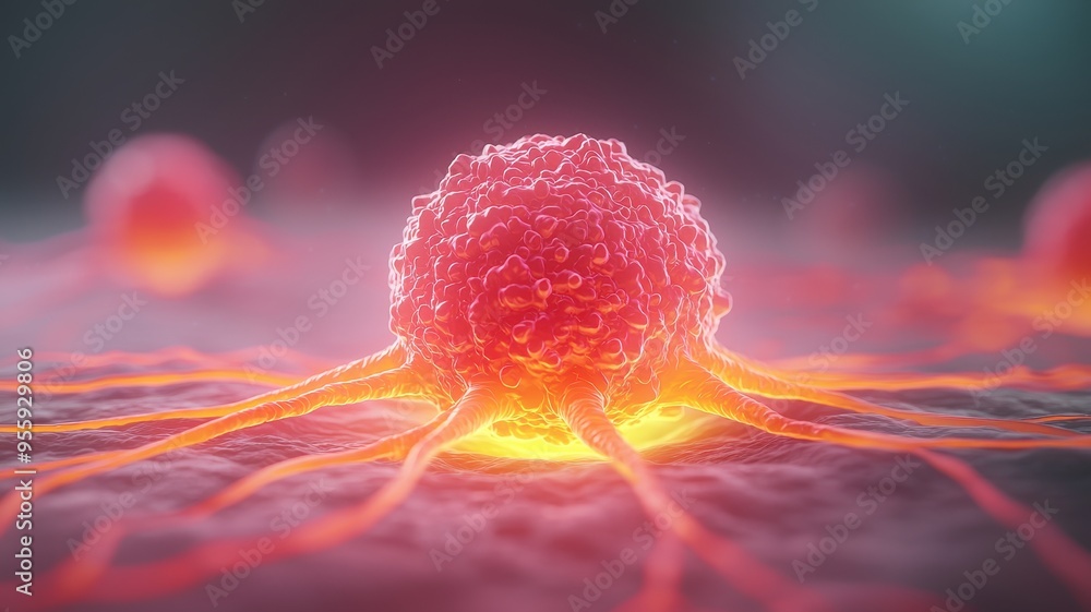 Poster microscopic view of a cancer cell, illustrating its structure and interaction with surrounding cells
