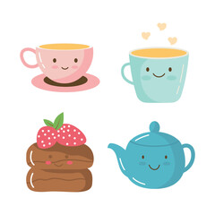 Collection of Cute Drink in Cup Mug with Teapot Cake Bread Character