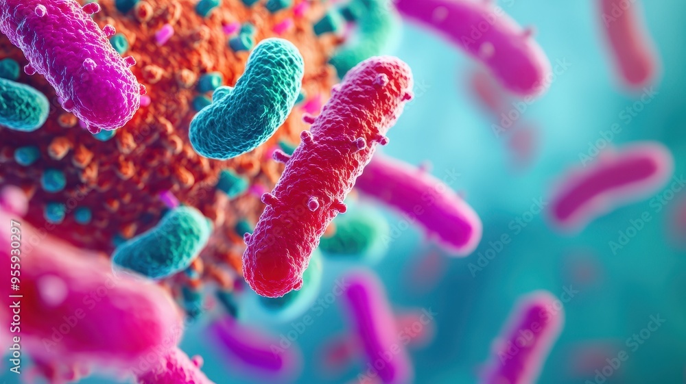 Poster vibrant close-up of bacteria with colorful structures, showcasing the complexity of microbial life i