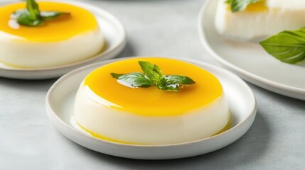 A serving of Thai steamed coconut milk custard, softly lit to enhance the creamy texture, coconut milk custard, studio lighting, soft