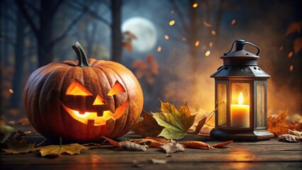 Spooky Halloween pumpkin lantern decoration in a dark autumn setting , pumpkins, halloween, autumn, orange, october, spooky