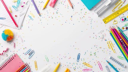 Colorful School Supplies Scattered on a White Background