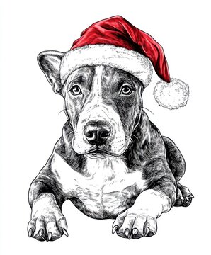 recommend clip art: Black and white Vintage engraved art of a Bull Terrier with a Christmas Santa hat, isolated on white background, ink sketch illustration, simple vector art design, highly detailed line art