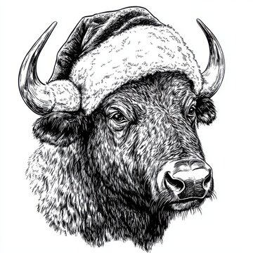 recommend clip art: Black and white Vintage engraved art of a buffalo wearing a Christmas Santa hat, isolated on white background, ink sketch illustration, simple vector art design, highly detailed line art