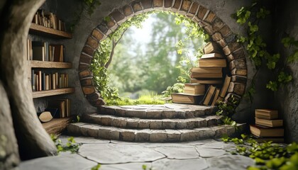 Enchanting scene of a stone archway leading to a lush garden, framed by bookshelves and greenery, perfect for storytelling.