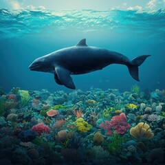 Obraz premium A serene underwater scene featuring a dolphin swimming gracefully above a vibrant coral reef teeming with marine life.