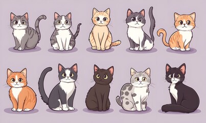 Diverse Cartoon Style Feline Pets in Warm Lilac Background for Chic Decor and Lifestyle Designs